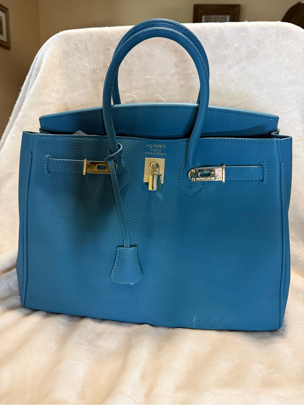 Blue Togo Leather Satchel with Gold Hardware